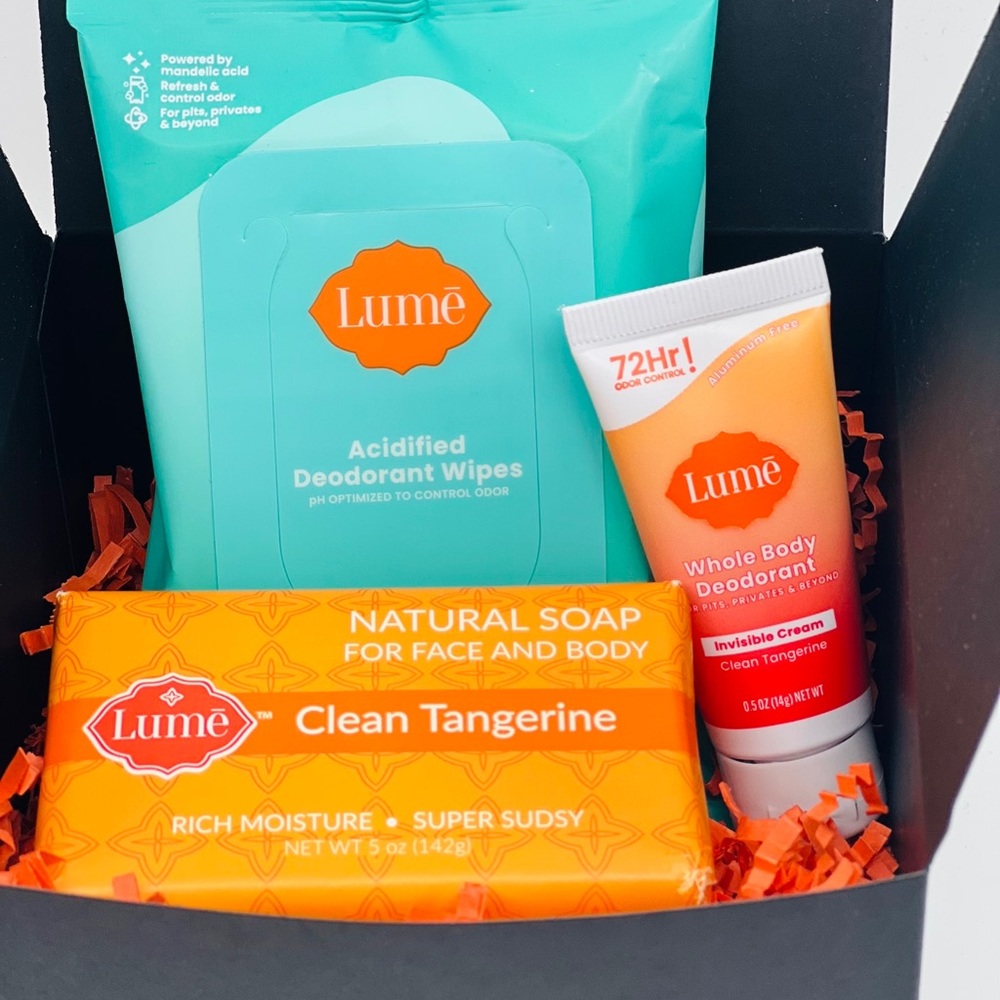 Lume Gift Boxed Clean Tangerine Soap Deodorant Tube & Acidified Deodorant Wipes